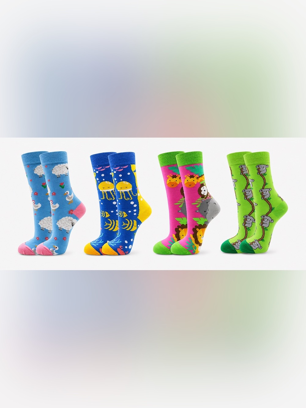 Bright Kids Animal Crew Socks - Blue Jellyfish & Pink Jungle.  4 pairs